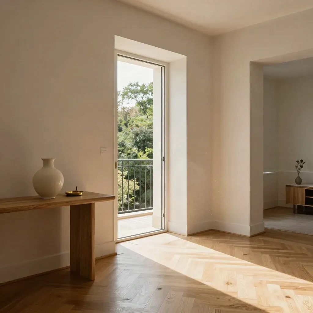 Appartamento luminoso con parquet lucido, balcone aperto e consolle con vaso e svuotatasche in ottone.