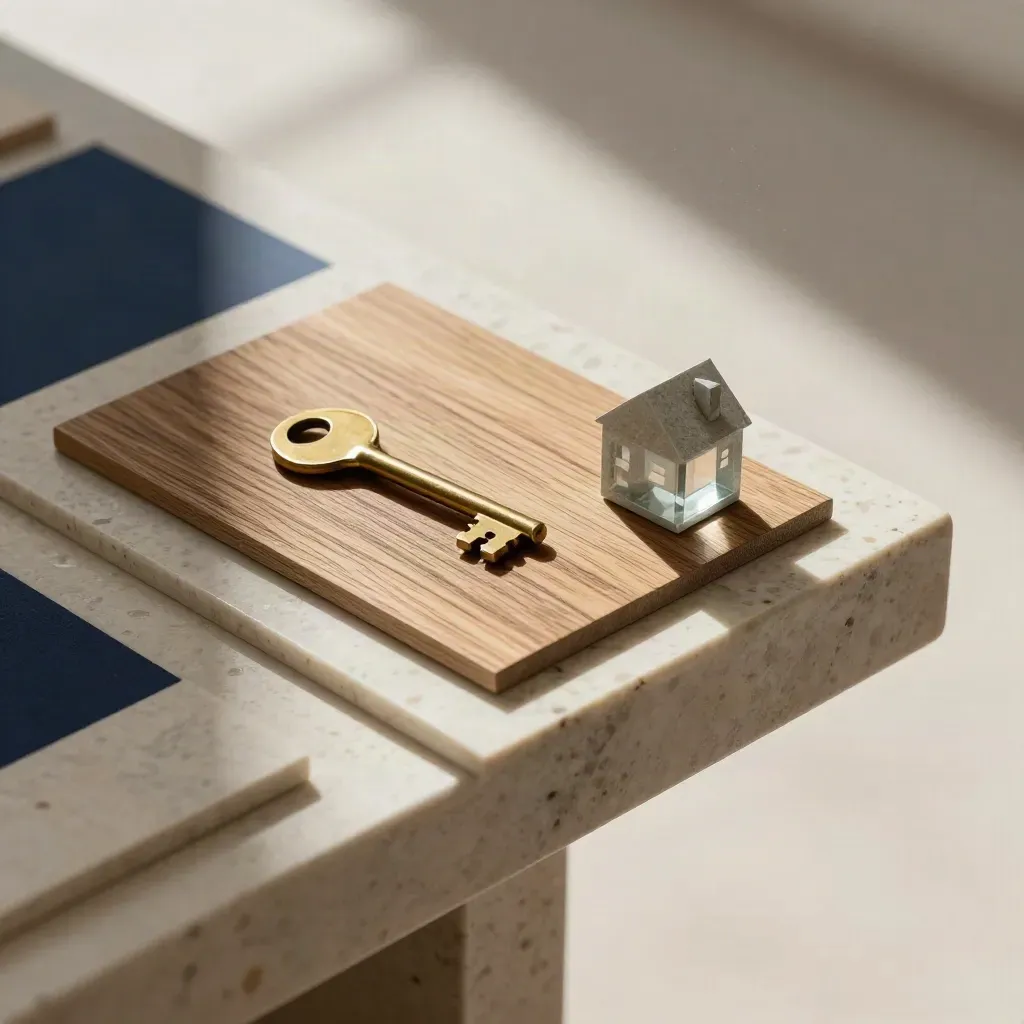 Dettaglio dall’alto di campioni travertino e legno, chiave in ottone e fermacarte a forma di casa.