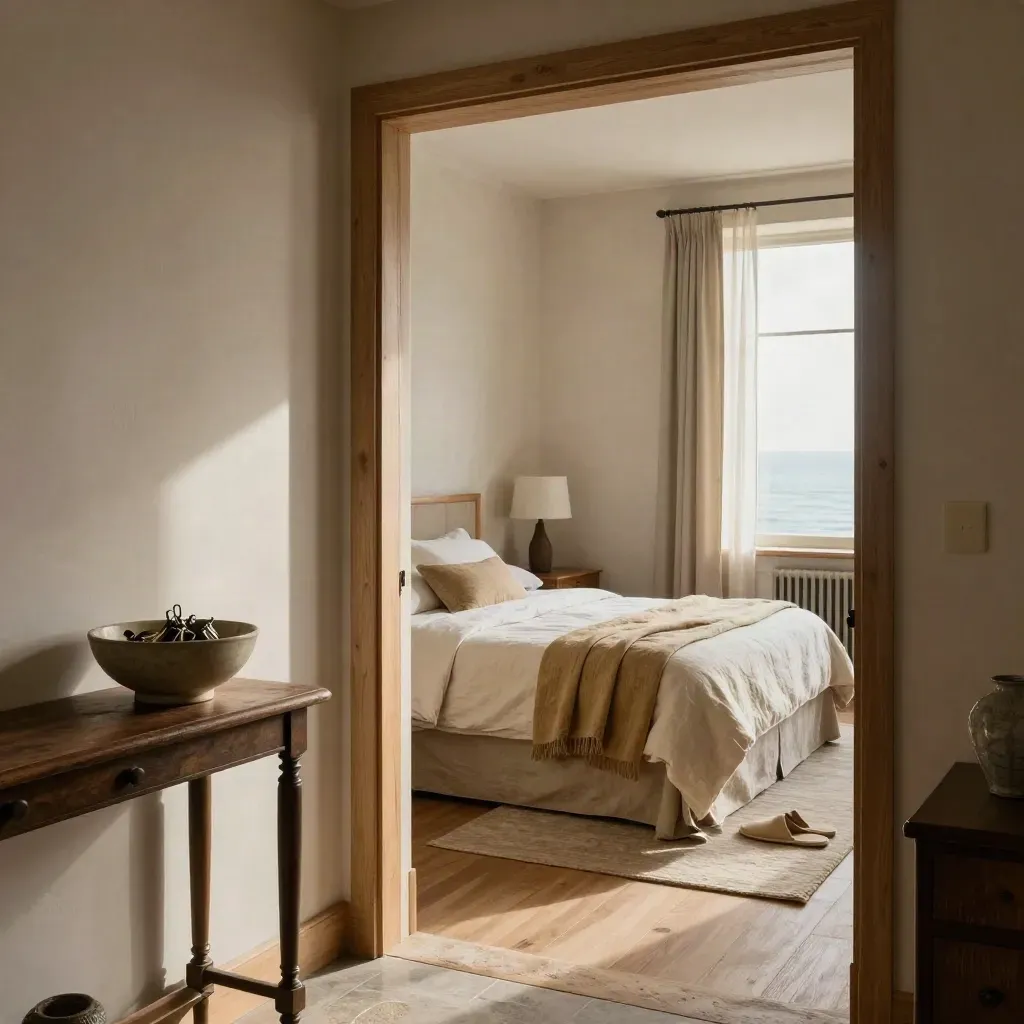 Appartamento in affitto pronto, con chiavi in ciotola e letto ordinato vista dalla porta.