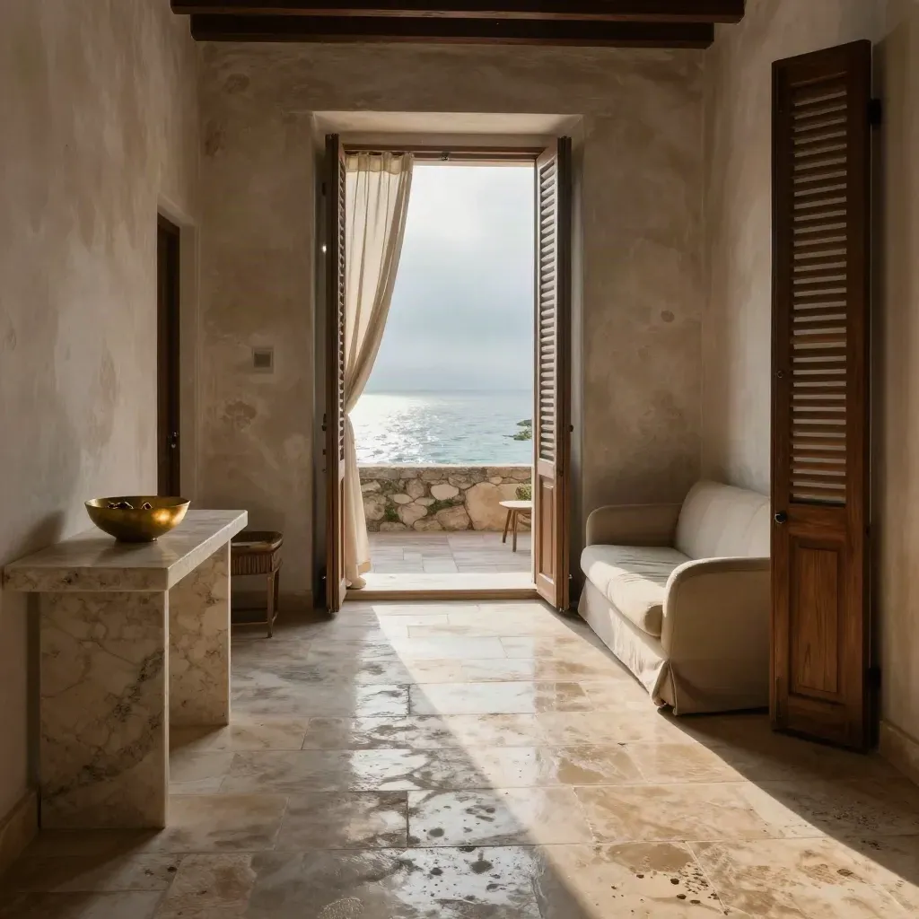Salone mediterraneo vuoto con luce radente, terrazza aperta e ciotola chiavi in travertino.