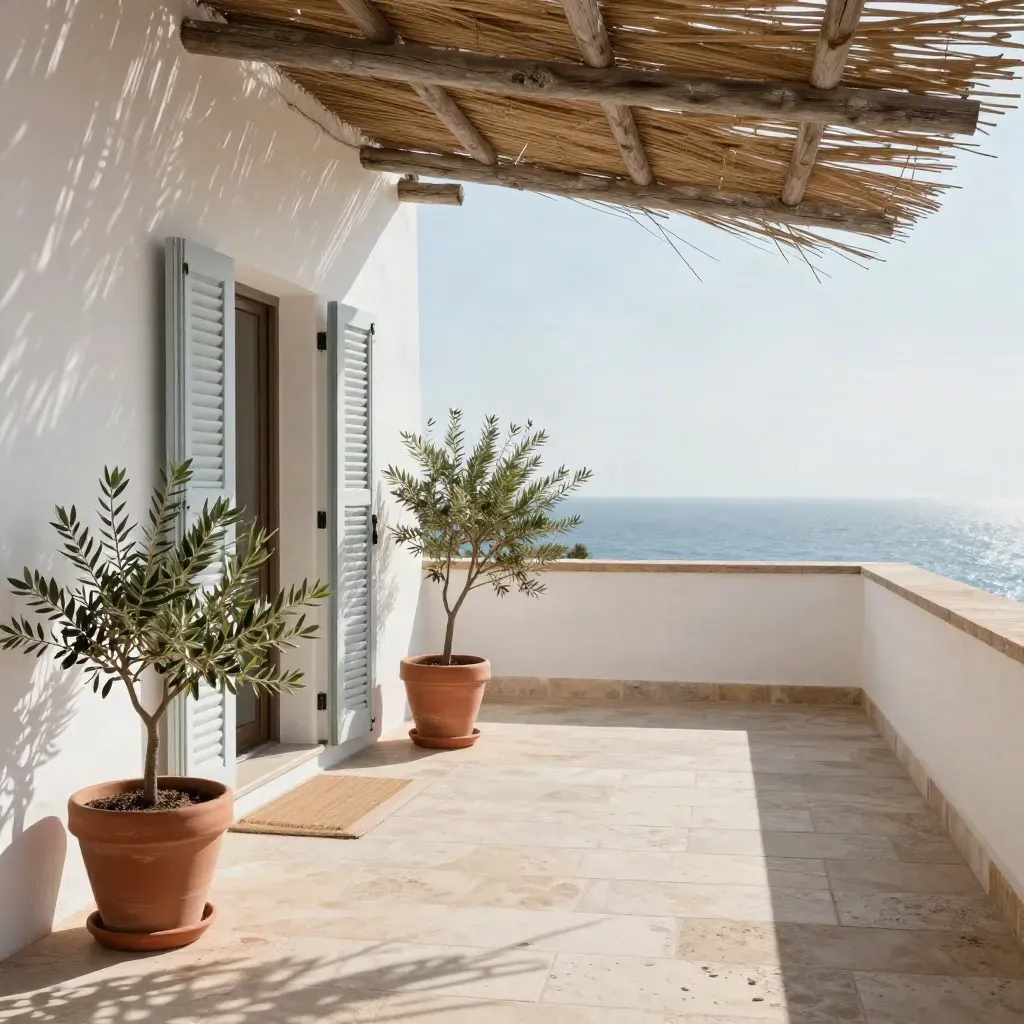 Terrazza di villa bianca con vasi di terracotta, persiane aperte e mare sullo sfondo