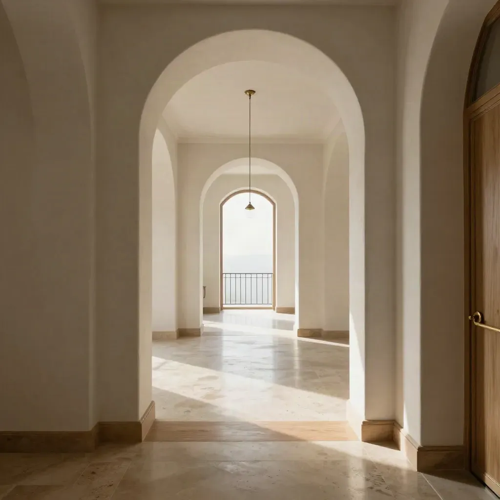 Appartamento vuoto con archi in sequenza e riflessi lucidi verso il balcone.