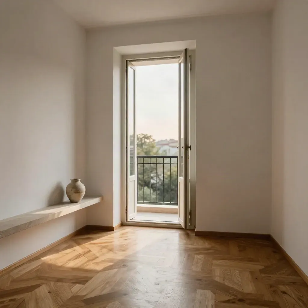 Bilocale ristrutturato vuoto con parquet lucido, porta balcone aperta e vaso in ceramica.