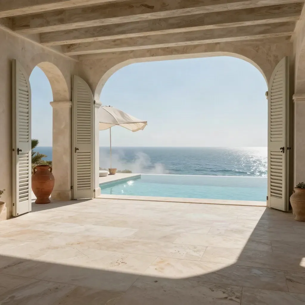 Terrazza di villa vista mare con pergola, persiane aperte e piscina a sfioro sul mare.