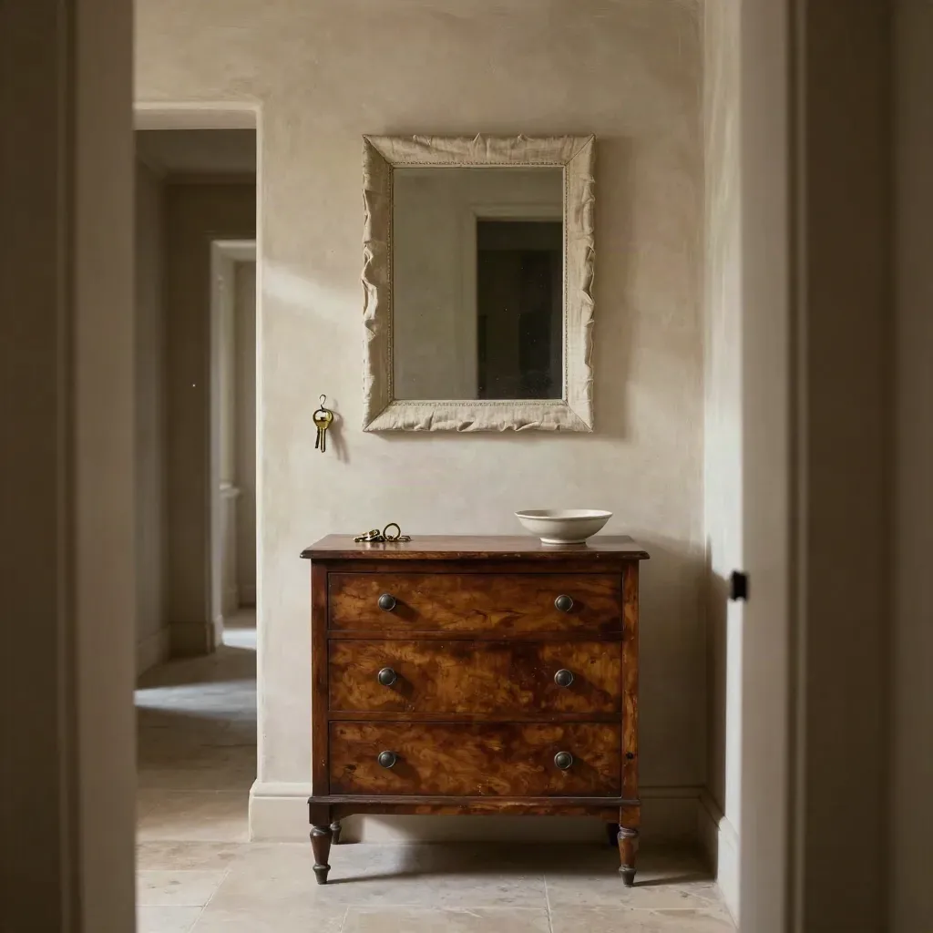 Corridoio di casa ereditata con specchio coperto, chiavi e credenza antica, luce morbida.