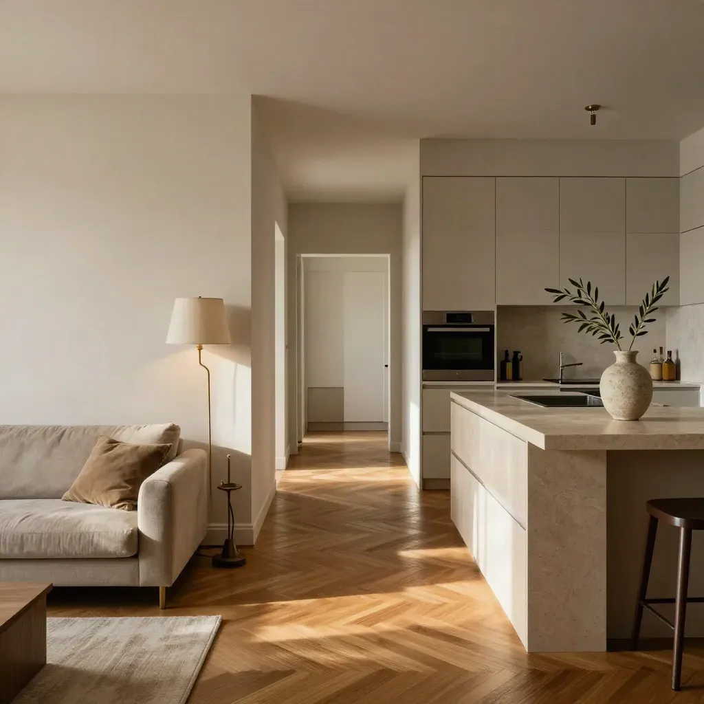 Trilocale luminoso e completo con parquet restaurato, cucina aperta e vaso di ulivo.