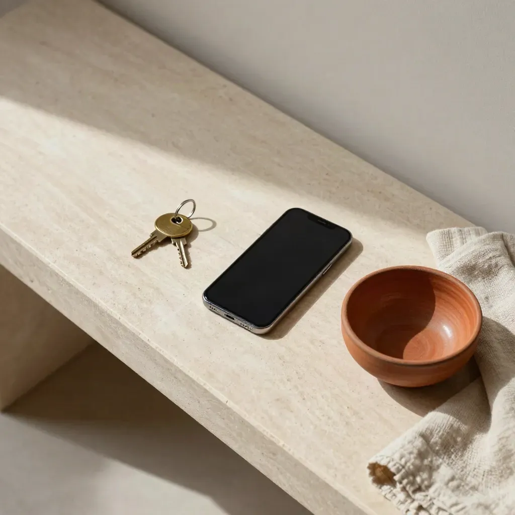 Telefono, chiavi e ciotola su panca d’ingresso in composizione dall’alto.