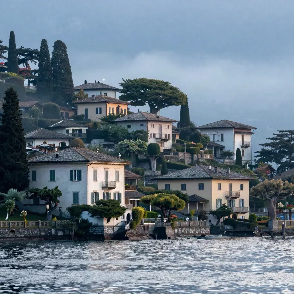 Lago di Como all’alba con ville sul pendio e acqua calma in primo piano.