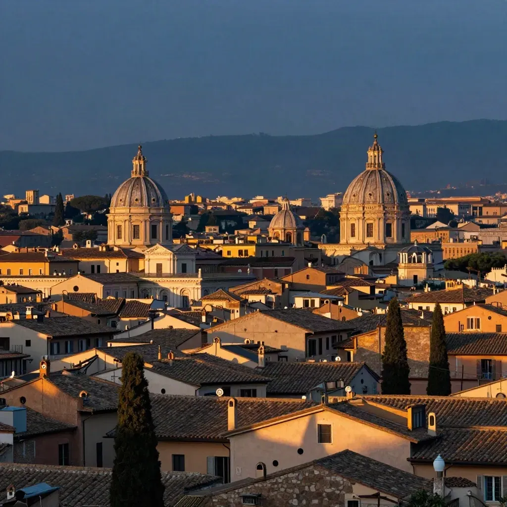Panorama di Roma al tramonto con cupole e tetti terrazzati nella luce dorata.