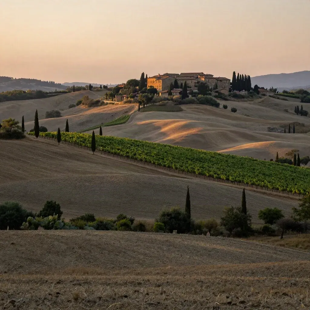 Colline toscane al tramonto con cipressi e borgo in alto all’orizzonte.