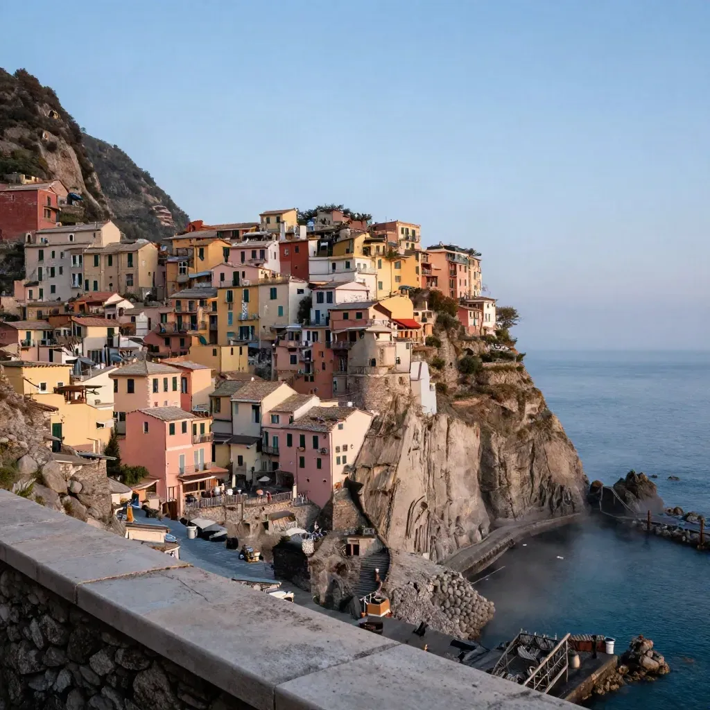 Veduta costiera della Liguria con borghi pastello, muretti a secco e mare calmo nella foschia.