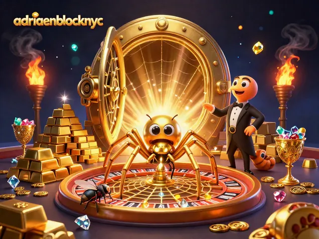 Bet on thrilling outcomes with adriaenblocknyc as a golden spider spins a roulette web in this vibrant scene.